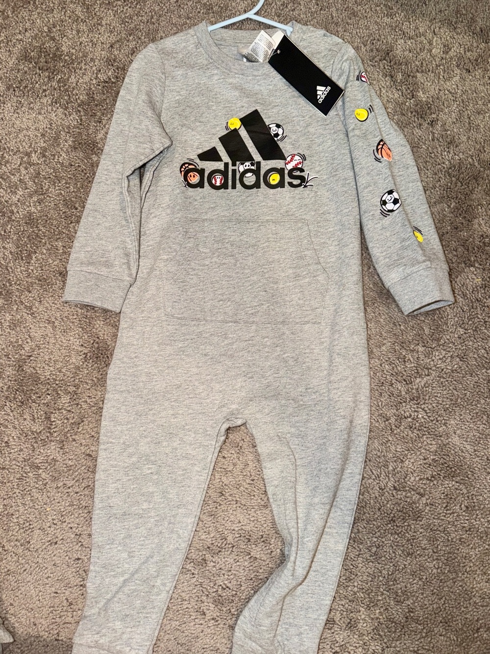 adidas Gray Kids One-Piece Footie with Sports Logo